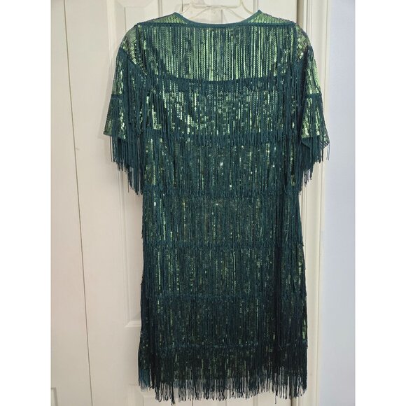 PrettyGuide Green Sequin Fringe Dress Size 10 100% Polyester Party Glam Flapper - Picture 4 of 5